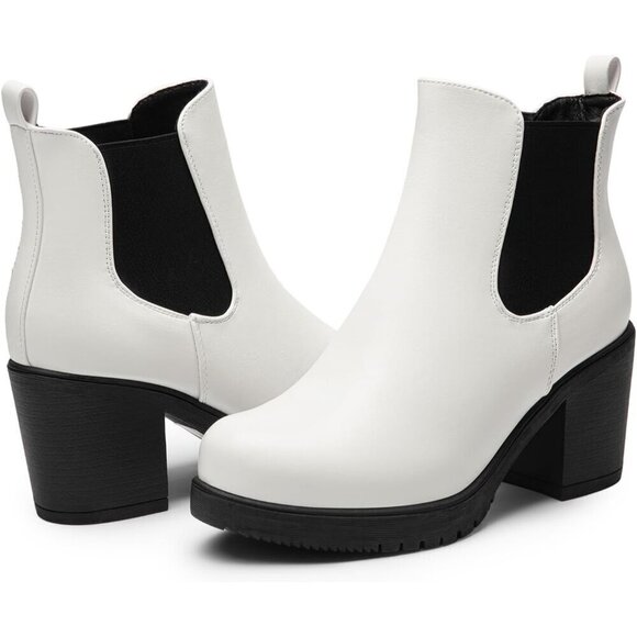 DREAM PAIRS Women's High Chunky Heel White/Black Textile Booties Shoes - Picture 3 of 5